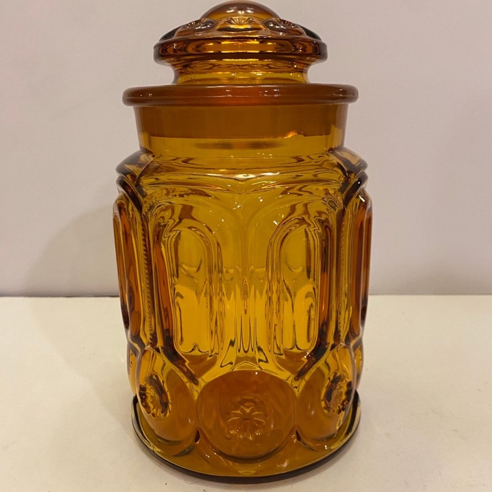 Vintage LE Smith Moon and Stars Amber Glass Cannister 9.5”